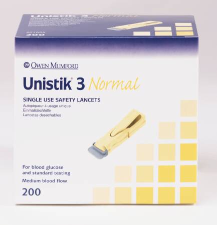 Owen Mumford Unistik 3 Normal Safety Lancet Fixed Depth Lancet Needle 1.8 mm Depth 23 Gauge Pressure Activated - AT 1002