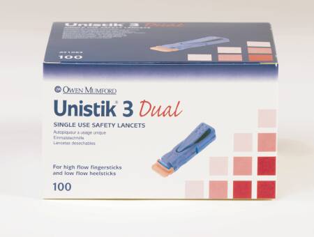 Unistik - Lancet Finger Stick Lancet Dual Max Flow Needle 1.8 mm Depth 18 Gauge Push Button Activation - AT 1062