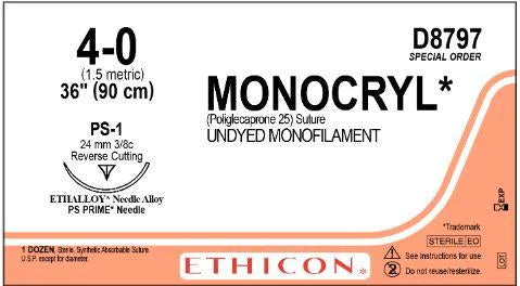 Monocryl - Suture with Needle Absorbable Uncoated Undyed Suture Monofilament Poliglecaprone Size 4 - 0 36 Inch Suture 1-Needle 24 mm Length 3/8 Circle Precision Point - Reverse Cutting Needle - D8797