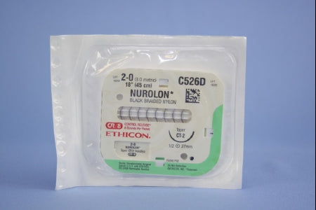 J & J Healthcare Systems Nurolon Suture with Needle Nonabsorbable Coated Black Suture Braided Nylon Size 2-0 18 Inch Suture 1-Needle 26 mm Length 1/2 Circle Taper Point Needle - C512D