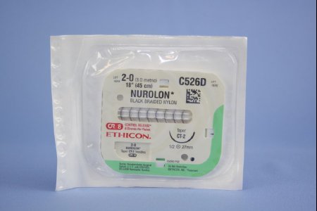 Nurolon - Suture with Needle Nonabsorbable Coated Black Suture Braided Nylon Size 2 - 0 18 Inch Suture 1-Needle 26 mm Length 1/2 Circle Taper Point Needle - C526D