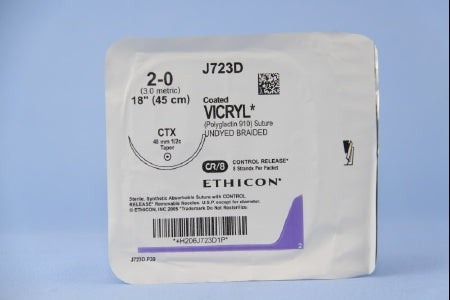 J & J Healthcare Systems Coated Vicryl Suture with Needle Absorbable Coated Undyed Suture Braided Polyglactin 910 Size 2-0 18 Inch Suture 1-Needle 48 mm Length 1/2 Circle Taper Point Needle - J723D