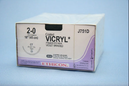 J & J Healthcare Systems Coated Vicryl Suture with Needle Absorbable Coated Violet Suture Braided Polyglactin 910 Size 2-0 18 Inch Suture 1-Needle 40 mm Length 1/2 Circle Taper Point Needle - J751D