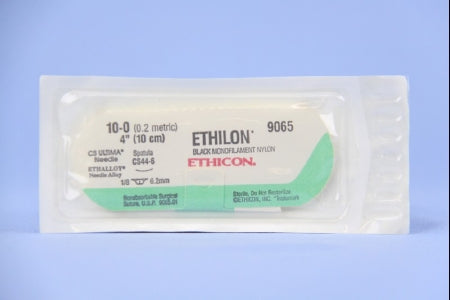 J & J Healthcare Systems Ethilon Suture with Needle Nonabsorbable Uncoated Black Suture Monofilament Nylon Size 10-0 4 Inch Suture 1-Needle 5.5 mm Length 1/8 Circle Spatula Needle - 9065G