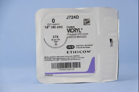 Coated Vicryl - Suture with Needle Absorbable Coated Undyed Suture Braided Polyglactin 910 Size 0 18 Inch Suture 1-Needle 48 mm Length 1/2 Circle Taper Point Needle - J724D