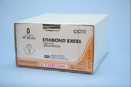 J & J Healthcare Systems Ethibond Suture with Needle Nonabsorbable Coated Green Suture Braided Polyester Size 0 18 Inch Suture 1-Needle 26 mm Length 1/2 Circle Taper Point Needle - CX45D