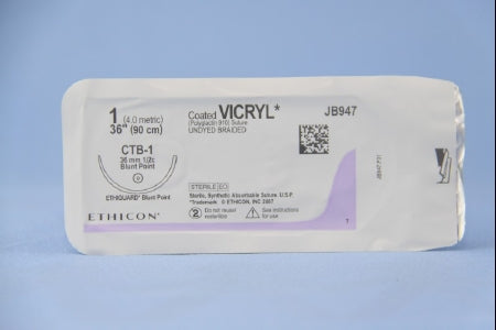 J & J Healthcare Systems Coated Vicryl Suture with Needle Absorbable Coated Undyed Suture Braided Polyglactin 910 Size 1 36 Inch Suture 1-Needle 36.4 mm Length 1/2 Circle Blunt Point Needle - JB947