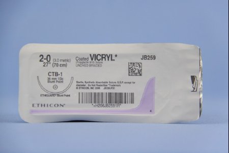 Coated Vicryl - Suture with Needle Absorbable Coated Undyed Suture Braided Polyglactin 910 Size 2 - 0 27 Inch Suture 1-Needle 36.4 mm Length 1/2 Circle Blunt Point Needle - JB259