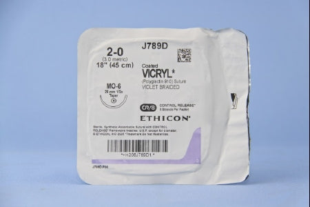 Coated Vicryl - Suture with Needle Absorbable Coated Violet Suture Braided Polyglactin 910 Size 2 - 0 18 Inch Suture 1-Needle 26 mm Length 1/2 Circle Taper Point Needle - J789D