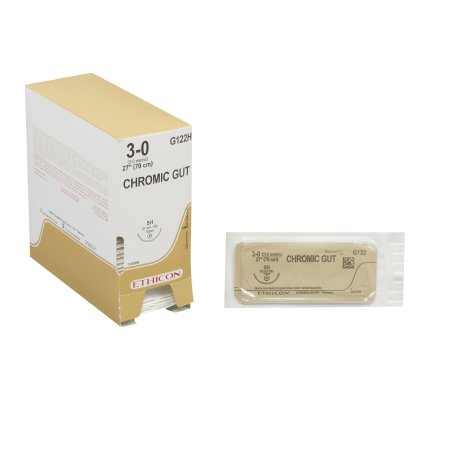 J & J Healthcare Systems - Suture with Needle Absorbable Uncoated Undyed Suture Chromic Gut Size 3 - 0 27 Inch Suture 1-Needle 26 mm Length 1/2 Circle Taper Point Needle - G122H