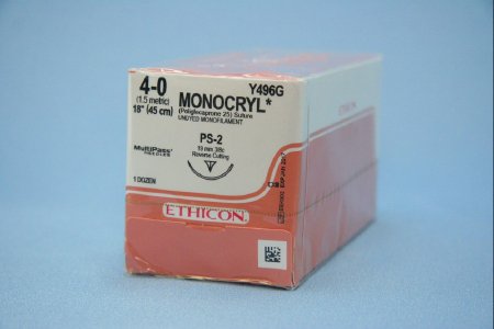 J & J Healthcare Systems Monocryl Suture with Needle Absorbable Uncoated Undyed Suture Monofilament Poliglecaprone Size 4-0 18 Inch Suture 1-Needle 19 mm Length 3/8 Circle Precision Point - Reverse Cutting Needle - Y496G