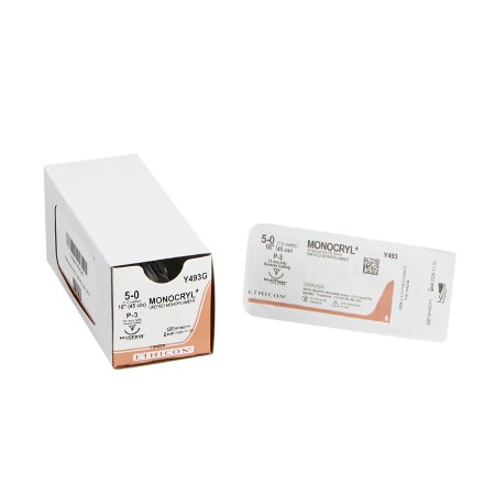Monocryl - Suture with Needle Absorbable Uncoated Undyed Suture Monofilament Poliglecaprone Size 5 - 0 18 Inch Suture 1-Needle 13 mm Length 3/8 Circle Precision Point - Reverse Cutting Needle - Y493G