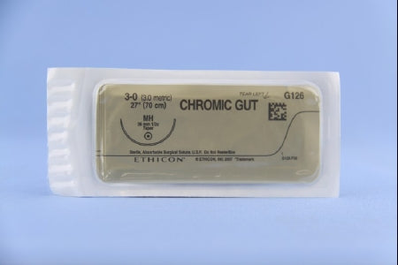 J & J Healthcare Systems Suture with Needle Absorbable Uncoated Undyed Suture Chromic Gut Size 3-0 27 Inch Suture 1-Needle 36.4 mm Length 1/2 Circle Taper Point Needle - G126H