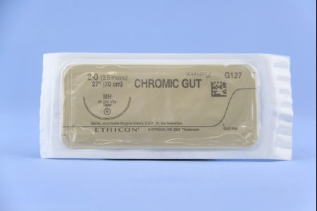 J & J Healthcare Systems Suture with Needle Absorbable Uncoated Undyed Suture Chromic Gut Size 2-0 27 Inch Suture 1-Needle 36.4 mm Length 1/2 Circle Taper Point Needle - G127H