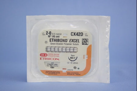 J & J Healthcare Systems Ethibond Suture with Needle Nonabsorbable Coated Green Suture Braided Polyester Size 2-0 18 Inch Suture 1-Needle 22 mm Length 1/2 Circle Taper Point Needle - CX42D