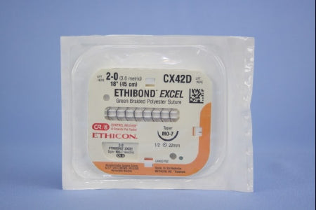 Ethibond - Suture with Needle Nonabsorbable Coated Green Suture Braided Polyester Size 2 - 0 18 Inch Suture 1-Needle 22 mm Length 1/2 Circle Taper Point Needle - CX42D