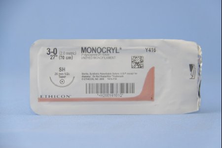Monocryl - Suture with Needle Absorbable Uncoated Undyed Suture Monofilament Poliglecaprone Size 3 - 0 27 Inch Suture 1-Needle 26 mm Length 1/2 Circle Taper Point Needle - Y416H