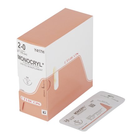 Monocryl - Suture with Needle Absorbable Uncoated Undyed Suture Monofilament Poliglecaprone Size 2 - 0 27 Inch Suture 1-Needle 26 mm Length 1/2 Circle Taper Point Needle - Y417H