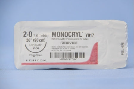 J & J Healthcare Systems Monocryl Suture with Needle Absorbable Uncoated Undyed Suture Monofilament Poliglecaprone Size 2-0 36 Inch Suture 1-Needle 36.4 mm Length 1/2 Circle Taper Cut Needle - Y917H