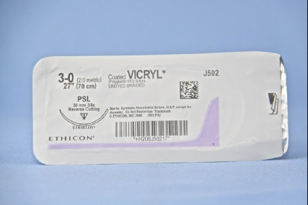 Coated Vicryl - Suture with Needle Absorbable Coated Undyed Suture Braided Polyglactin 910 Size 3 - 0 27 Inch Suture 1-Needle 30 mm Length 3/8 Circle Reverse Cutting Needle - J502H