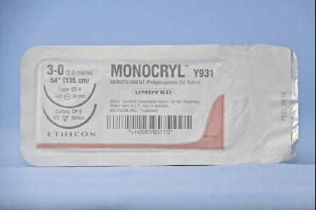 J & J Healthcare Systems Monocryl Suture with Needle Absorbable Uncoated Undyed Suture Monofilament Poliglecaprone Size 3-0 54 Inch Suture Double-Armed 36 mm Length 1/2 Circle Taper Point / Reverse Cutting Needle - Y931H