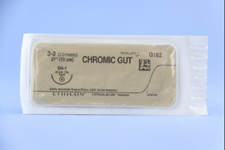J & J Healthcare Systems Suture with Needle Absorbable Uncoated Undyed Suture Chromic Gut Size 3-0 27 Inch Suture 1-Needle 22 mm Length 1/2 Circle Taper Point Needle - G182H