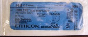 Prolene - Suture with Needle Nonabsorbable Uncoated Blue Suture Monofilament Polypropylene Suture Size 10 - 0 4 Inch Suture Double-Armed 5.5 mm Length 1/2 Circle / 1/4 Circle Spatula Needle - 9090G