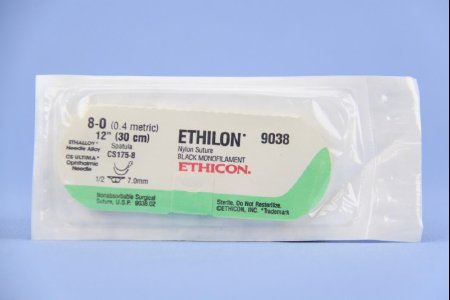 J & J Healthcare Systems Ethilon Suture with Needle Nonabsorbable Uncoated Black Suture Monofilament Nylon Size 8-0 12 Inch Suture Double-Armed 7 mm Length 1/2 Circle Spatula Needle - 9038G