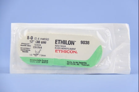 Ethilon - Suture with Needle Nonabsorbable Uncoated Black Suture Monofilament Nylon Size 8 - 0 12 Inch Suture Double-Armed 7 mm Length 1/2 Circle Spatula Needle - 9038G