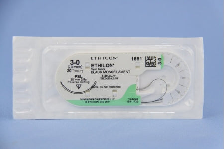 J & J Healthcare Systems Ethilon Suture with Needle Nonabsorbable Uncoated Black Suture Monofilament Nylon Size 3-0 30 Inch Suture 1-Needle 30 mm Length 3/8 Circle Reverse Cutting Needle - 1671H