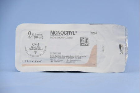 Monocryl - Suture with Needle Absorbable Uncoated Undyed Suture Monofilament Poliglecaprone Size 0 27 Inch Suture 1-Needle 36 mm Length 1/2 Circle Reverse Cutting Needle - Y267H