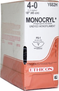 J & J Healthcare Systems Monocryl Suture with Needle Absorbable Uncoated Undyed Suture Monofilament Poliglecaprone Size 4-0 18 Inch Suture 1-Needle 24 mm Length 3/8 Circle Precision Point - Reverse Cutting Needle - Y682H