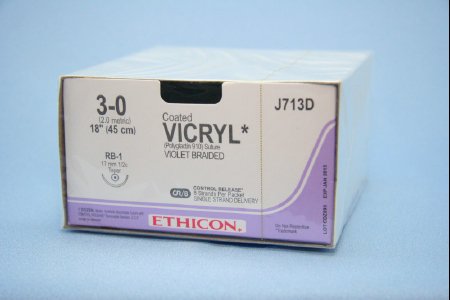 J & J Healthcare Systems Coated Vicryl Suture with Needle Absorbable Coated Violet Suture Braided Polyglactin 910 Size 3-0 18 Inch Suture 1-Needle 17 mm Length 1/2 Circle Taper Point Needle - J713D
