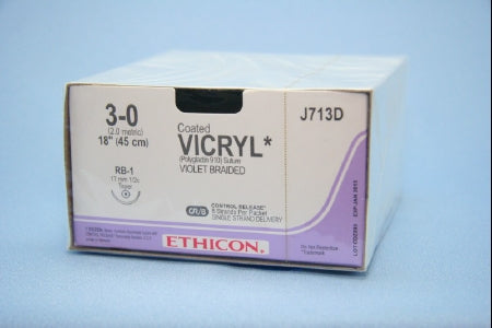 Coated Vicryl - Suture with Needle Absorbable Coated Violet Suture Braided Polyglactin 910 Size 3 - 0 18 Inch Suture 1-Needle 17 mm Length 1/2 Circle Taper Point Needle - J713D