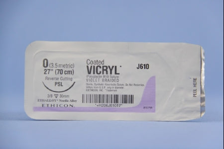 J & J Healthcare Systems Coated Vicryl Suture with Needle Absorbable Coated Violet Suture Braided Polyglactin 910 Size 0 27 Inch Suture 1-Needle 30 mm Length 3/8 Circle Reverse Cutting Needle - J610H