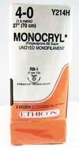 J & J Healthcare Systems Monocryl Suture with Needle Absorbable Uncoated Undyed Suture Monofilament Poliglecaprone Size 4-0 27 Inch Suture 1-Needle 17 mm Length 1/2 Circle Taper Point Needle - Y214H