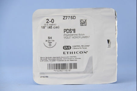 J & J Healthcare Systems PDS II Suture with Needle Absorbable Uncoated Violet Suture Monofilament Polydioxanone Size 2-0 18 Inch Suture 1-Needle 26 mm Length 1/2 Circle Taper Point Needle - Z775D