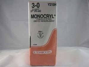 Monocryl - Suture with Needle Absorbable Uncoated Undyed Suture Monofilament Poliglecaprone Size 3 - 0 27 Inch Suture 1-Needle 17 mm Length 1/2 Circle Taper Point Needle - Y215H