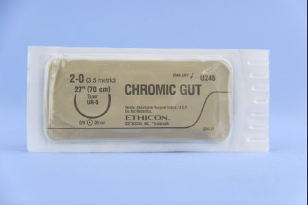 J & J Healthcare Systems Suture with Needle Absorbable Uncoated Undyed Suture Chromic Gut Size 2-0 27 Inch Suture 1-Needle 36.4 mm Length 5/8 Circle Taper Point Needle - U245H