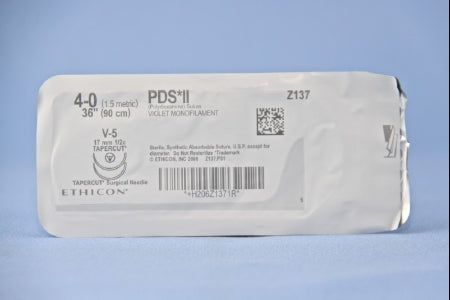 J & J Healthcare Systems PDS II Suture with Needle Absorbable Uncoated Violet Suture Monofilament Polydioxanone Size 4-0 36 Inch Suture Double-Armed 17 mm Length 1/2 Circle Taper Cut Needle - Z137H