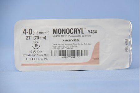 J & J Healthcare Systems Monocryl Suture with Needle Absorbable Uncoated Undyed Suture Monofilament Poliglecaprone Size 4-0 27 Inch Suture 1-Needle 13 mm Length 1/2 Circle Taper Point Needle - Y434H