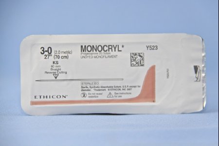 J & J Healthcare Systems Monocryl Suture with Needle Absorbable Uncoated Undyed Suture Monofilament Poliglecaprone Size 3-0 27 Inch Suture 1-Needle 60 mm Length Straight Conventional Cutting Needle - Y523H