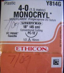 Monocryl - Suture with Needle Absorbable Uncoated Undyed Suture Monofilament Poliglecaprone Size 4 - 0 18 Inch Suture 1-Needle 16 mm Length 1/2 Circle Precision Cosmetic - Conventional Cutting PRIME Needle - Y814G