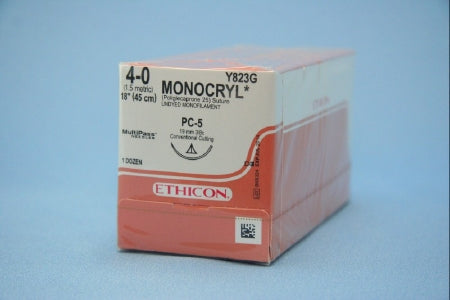 J & J Healthcare Systems Monocryl Suture with Needle Absorbable Uncoated Undyed Suture Monofilament Poliglecaprone Size 4-0 18 Inch Suture 1-Needle 19 mm Length 3/8 Circle Precision Cosmetic - Conventional Cutting PRIME Needle - Y823G