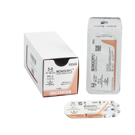 Monocryl - Suture with Needle Absorbable Uncoated Undyed Suture Monofilament Poliglecaprone Size 5 - 0 18 Inch Suture 1-Needle 13 mm Length 3/8 Circle Precision Cosmetic - Conventional Cutting PRIME Needle - Y834G