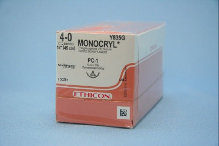 J & J Healthcare Systems Monocryl Suture with Needle Absorbable Uncoated Undyed Suture Monofilament Poliglecaprone Size 4-0 18 Inch Suture 1-Needle 13 mm Length 3/8 Circle Precision Cosmetic - Conventional Cutting PRIME Needle - Y835G