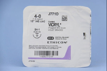 J & J Healthcare Systems Coated Vicryl Suture with Needle Absorbable Coated Violet Suture Braided Polyglactin 910 Size 4-0 18 Inch Suture 1-Needle 22 mm Length 1/2 Circle Taper Point Needle - J771D