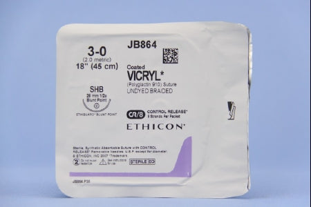 J & J Healthcare Systems Coated Vicryl Suture with Needle Absorbable Coated Undyed Suture Braided Polyglactin 910 Size 3-0 18 Inch Suture 1-Needle 26 mm Length 1/2 Circle Blunt Point Needle - JB864