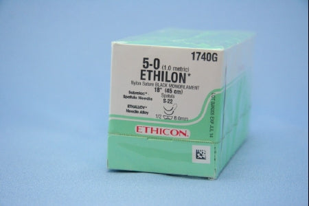 J & J Healthcare Systems Ethilon Suture with Needle Nonabsorbable Uncoated Black Suture Monofilament Nylon Size 5-0 18 Inch Suture Double-Armed 8 mm Length 1/2 Circle Spatula Needle - 1740G