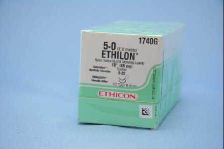 Ethilon - Suture with Needle Nonabsorbable Uncoated Black Suture Monofilament Nylon Size 5 - 0 18 Inch Suture Double-Armed 8 mm Length 1/2 Circle Spatula Needle - 1740G